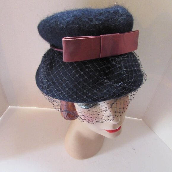 SALE  Vintage Hat  Bucket or Lampshade Style Navy Felt Burgundy Bow main image 9